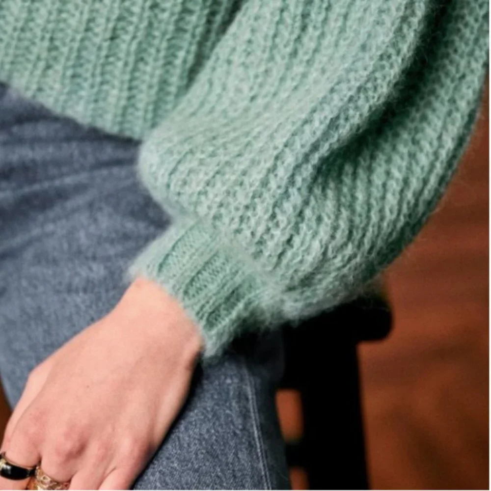SEZANE Olric jumper sweater Alpaga Balloon Sleeves in Almond Green size S Small - Picture 3 of 9
